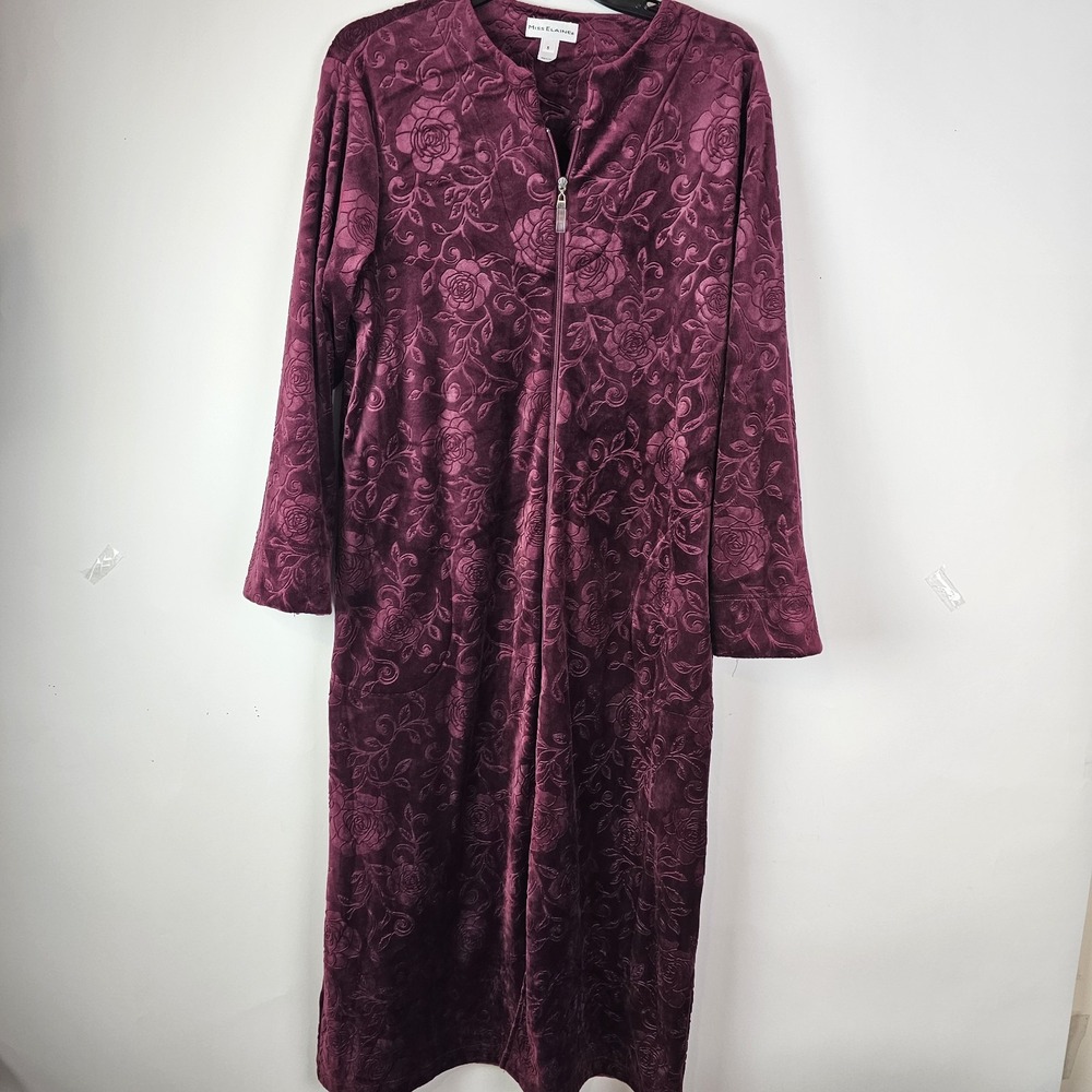Miss Elaine Small Long Sleeve Robe Nightgown Housecoat Red Full Zip Floral Soft